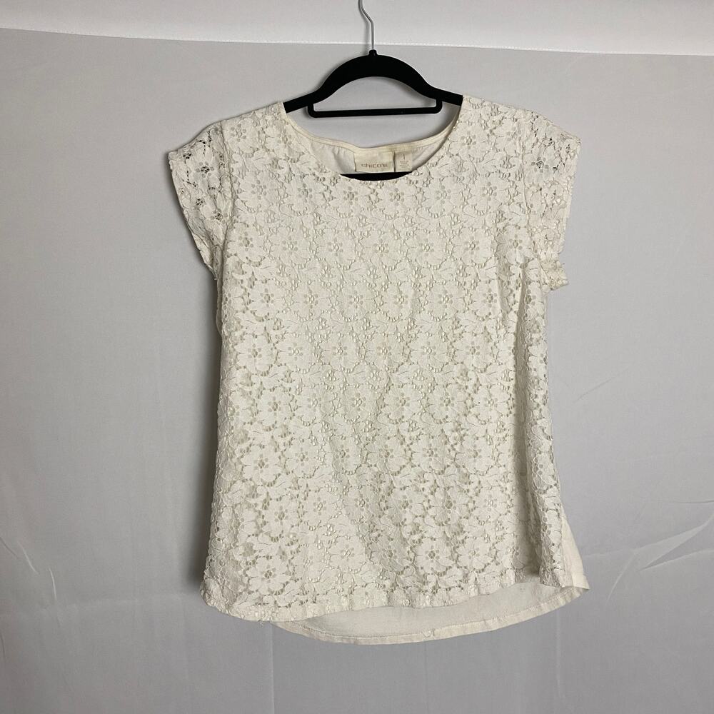 Chico's Lace Overlay White Top Size 1 Short Sleeve Cotton Blend Blouse